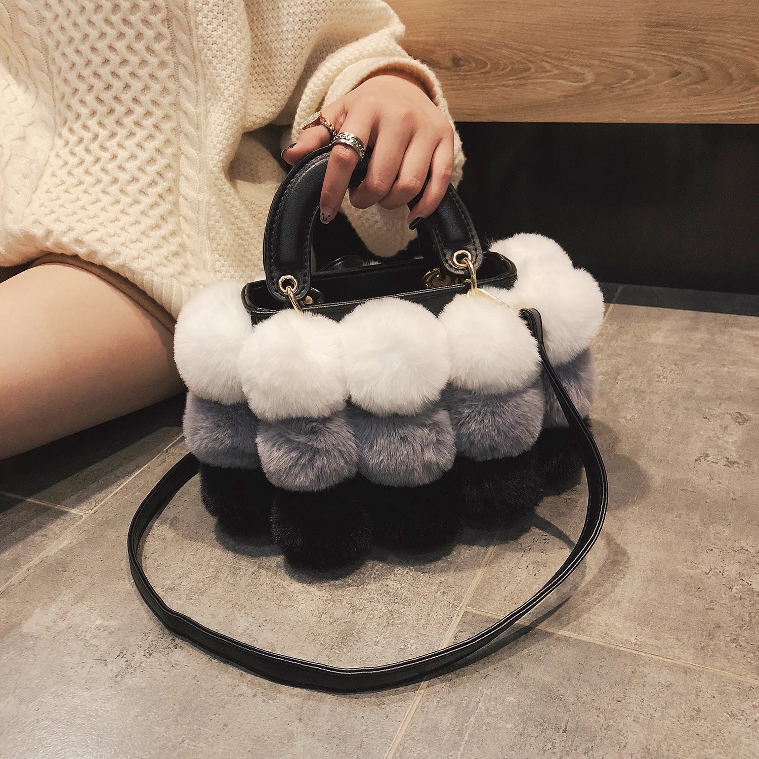 Sarah Express Plush Pom Pom Shoulder Bag