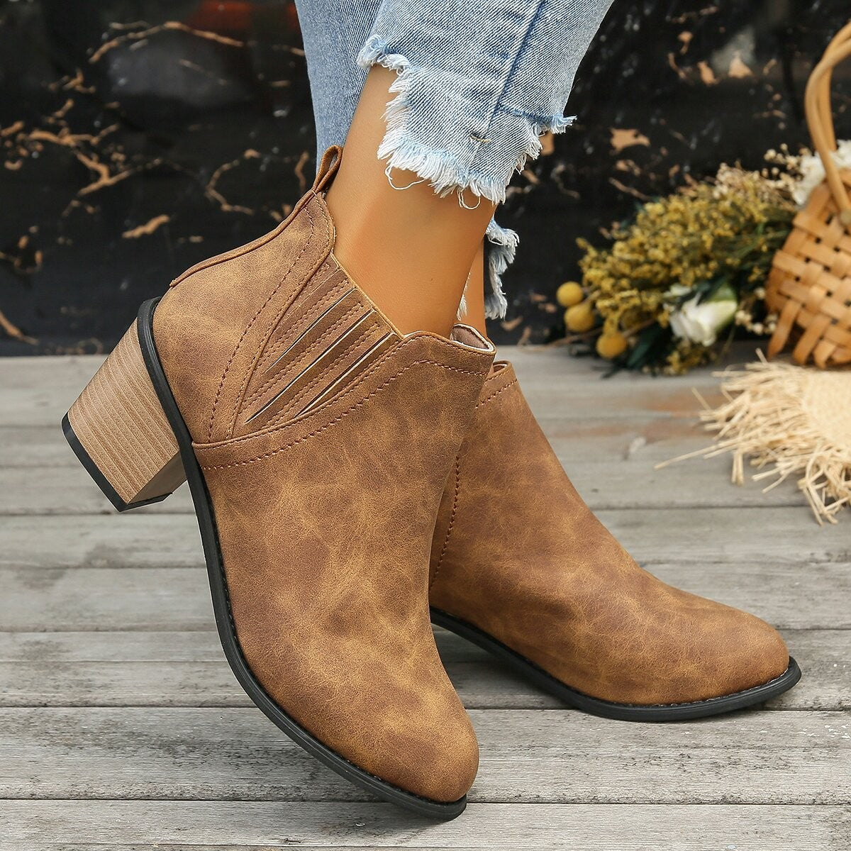 Sarah Express Pointed Toe Thick Heel Ankle Boots
