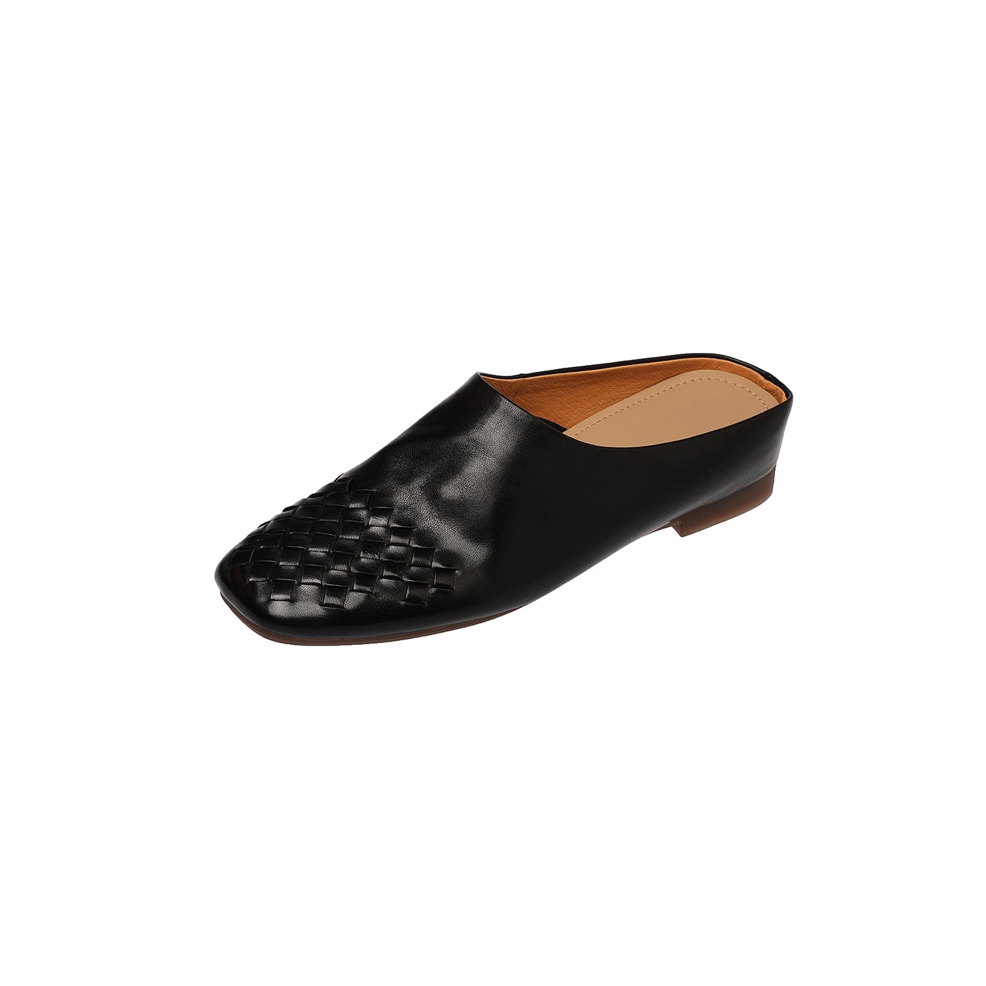 Sarah Express Hand-Woven Leather Square Toe Mule Loafers Black