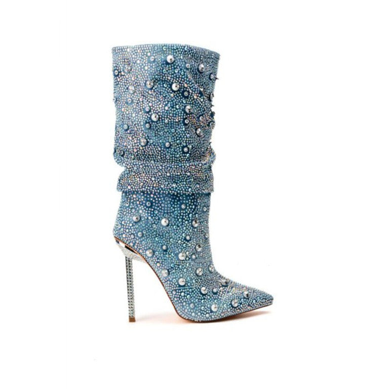 Sarah Express Denim Blue Rhinestone Pointed Toe Boots