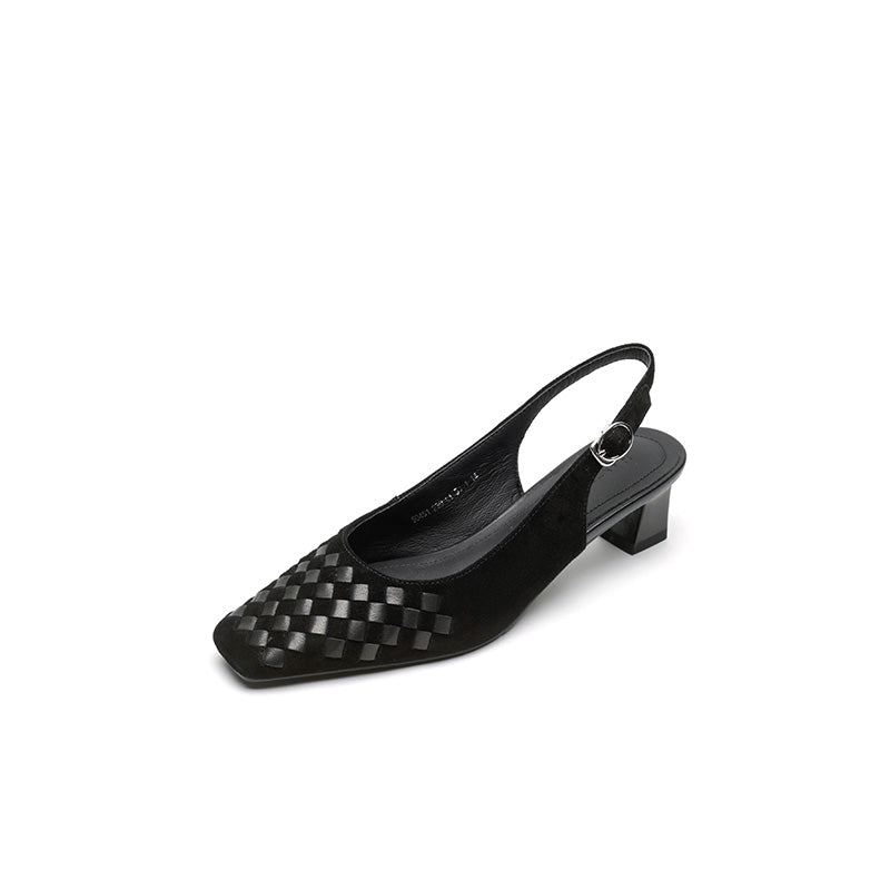 Sarah Express Woven Suede Slingback Block Heel Sandals Black