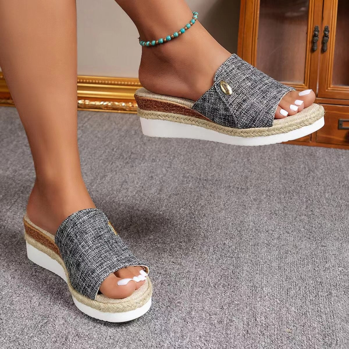 Sarah Express Canvas Wedge Sandals with Fish Mouth