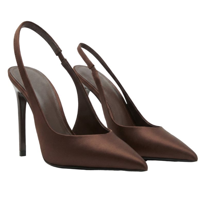 Sarah Express Satin Stiletto Sandals with Velcro Strap Brown