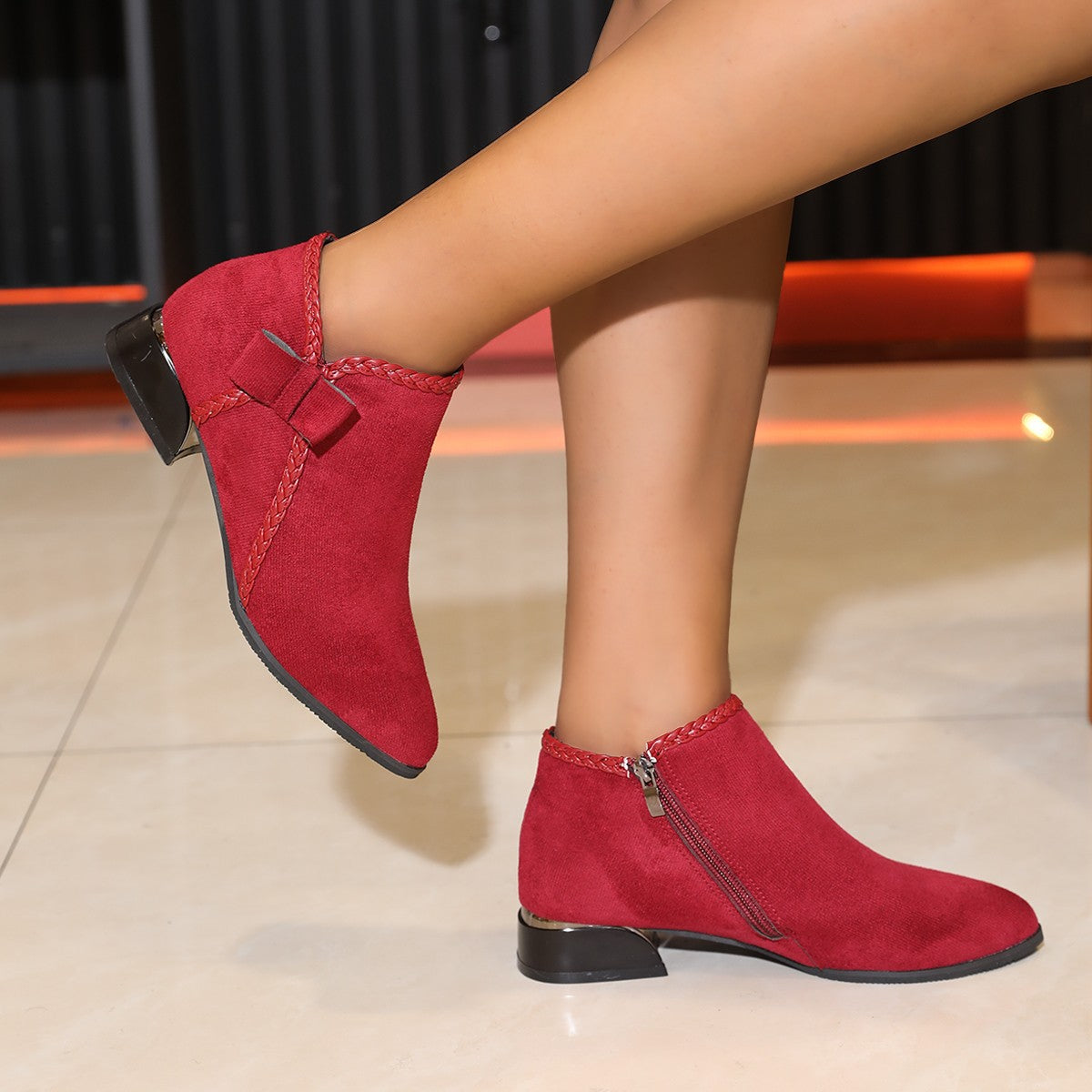 Sarah Express Bow-Tie Pointed-Toe Chunky Heel Ankle Boots