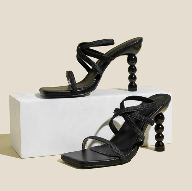 Sarah Express Strappy Square Toe Sculptural Heel Sandals