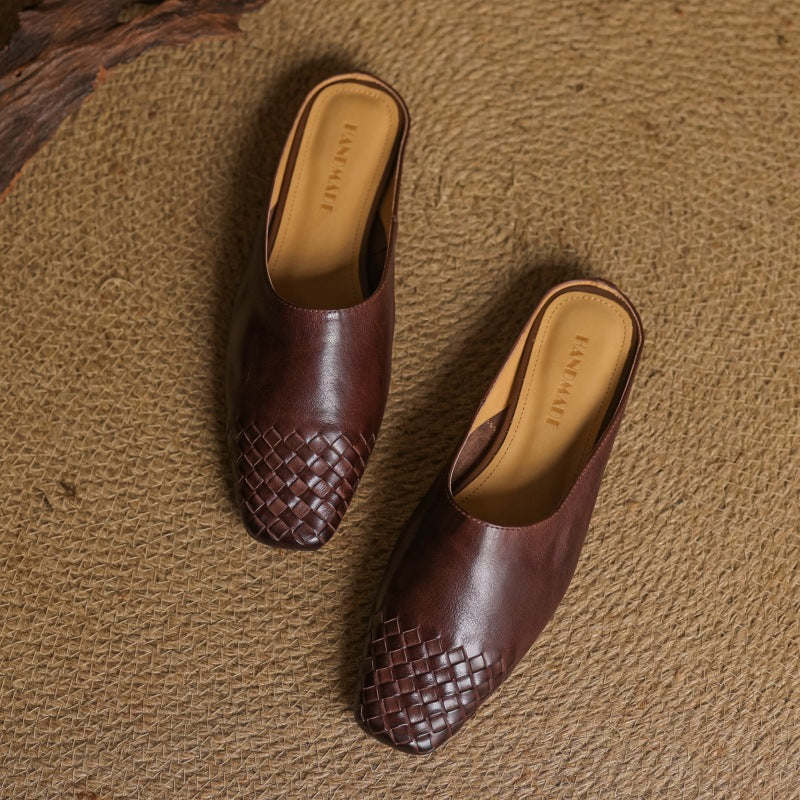 Sarah Express Handmade Vintage Flat Leather Slip-On Sandals Brown