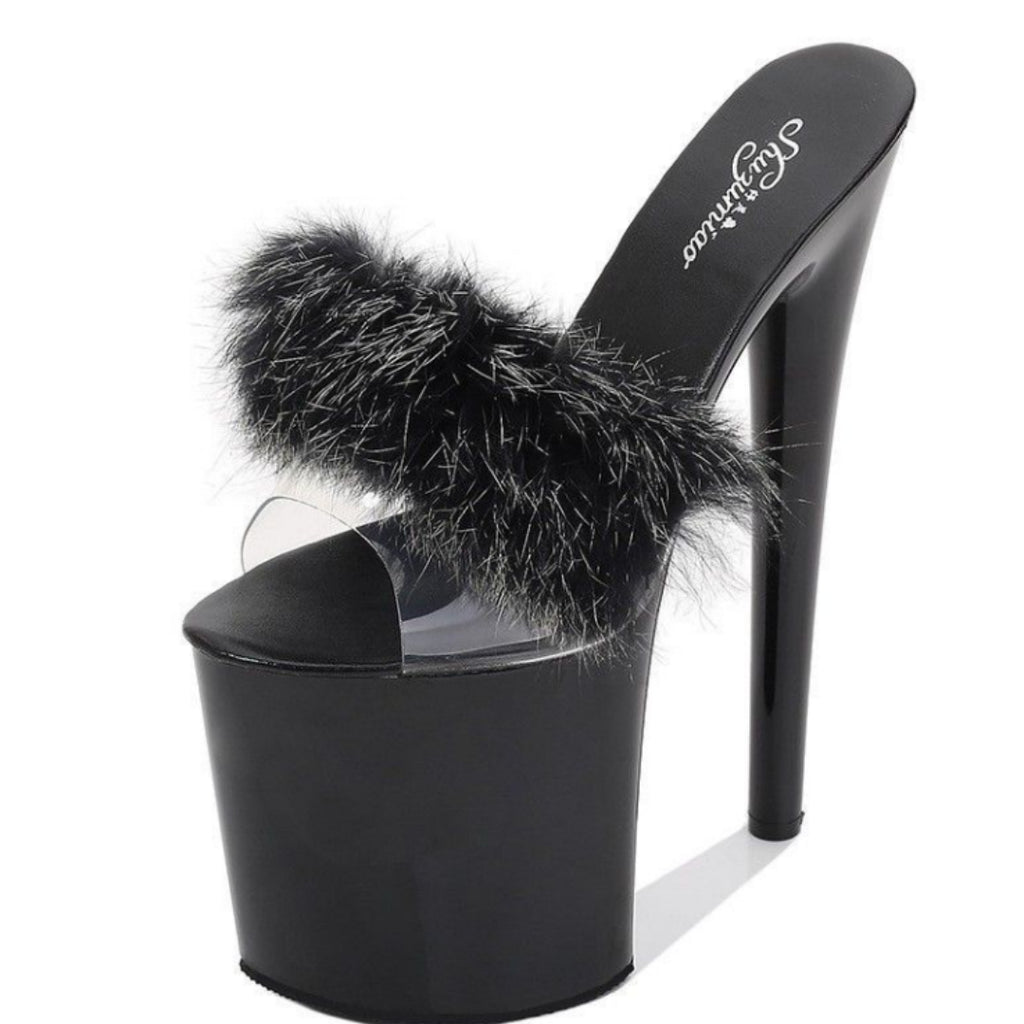 Sarah Express High Platform Faux Fur Runway Slippers Black