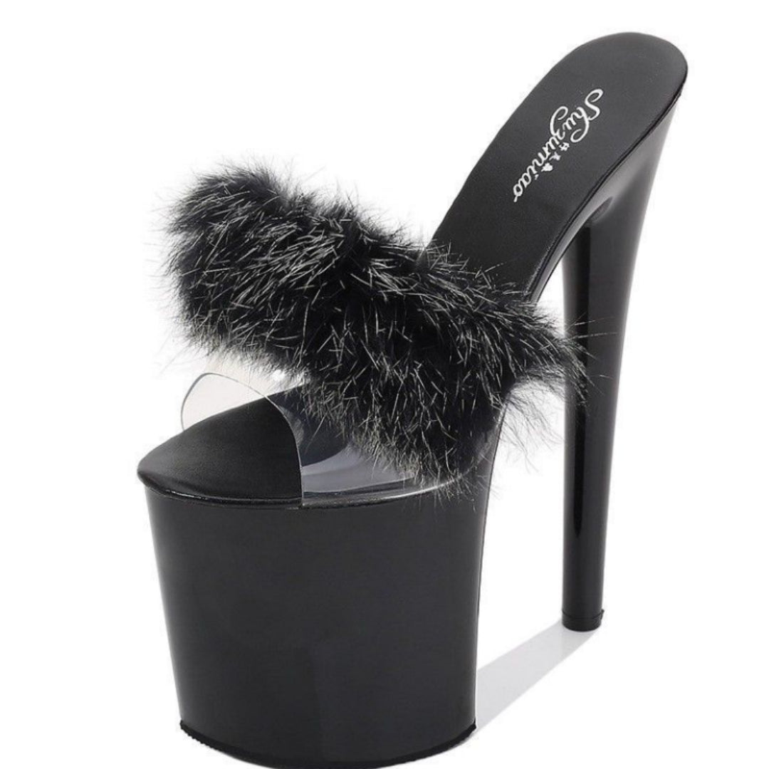 Sarah Express High Platform Faux Fur Runway Slippers Black