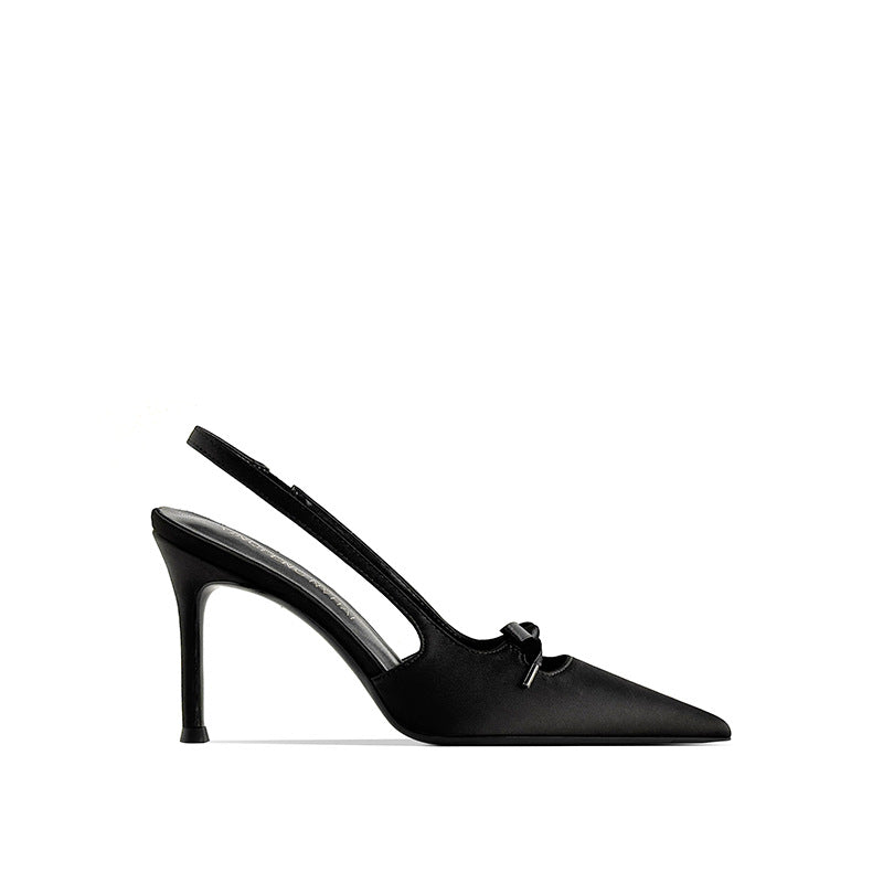 Sarah Express Satin Pointed Toe Bow Stiletto Heels Black