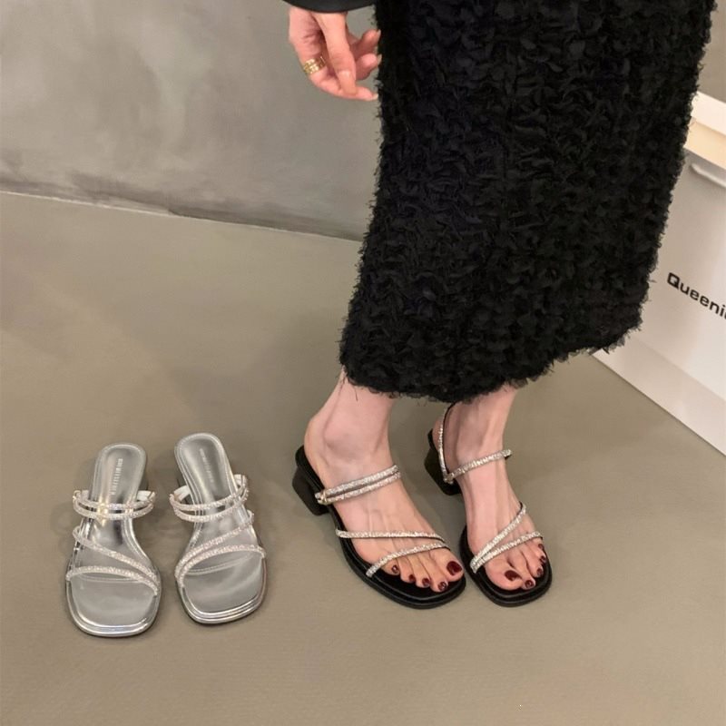 Sarah Express Rhinestone Strappy Square Toe Mid-Heel Sandals
