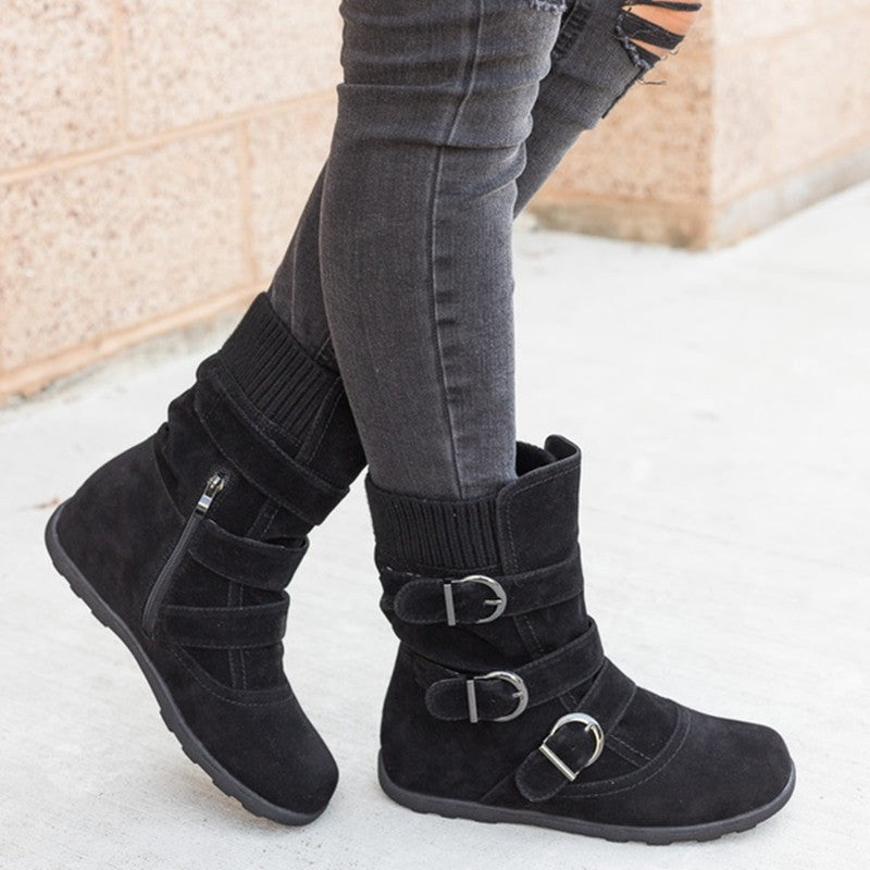 Sarah Express Women's Buckle Strap Flat Ankle Boots