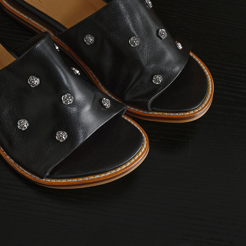 Sarah Express Studded Leather Slide Sandals Flat Mules