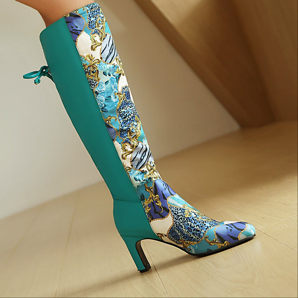Sarah Express Floral Patchwork Bowknot Over-the-Knee Boots