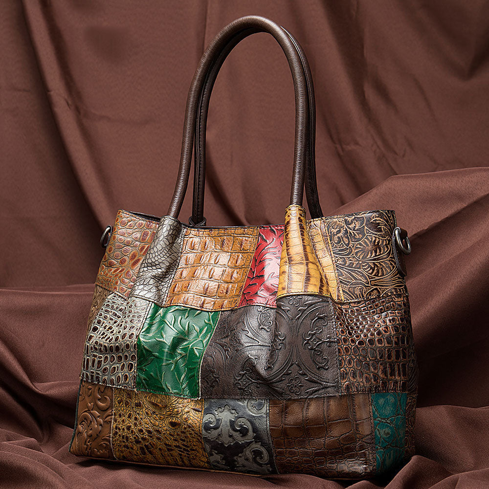 Sarah Express Patchwork Cowhide Leather Shoulder Handbag