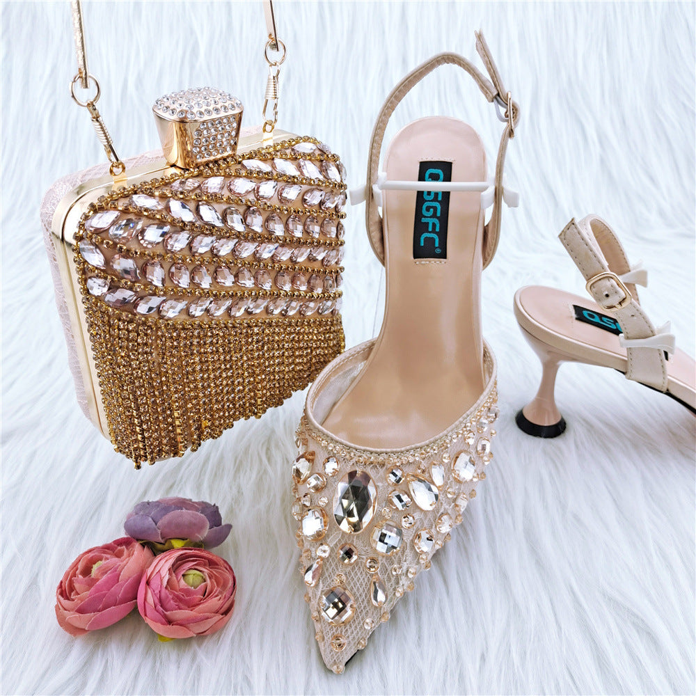 Sarah Express Embellished Party Sandals and Matching Bag Khaki