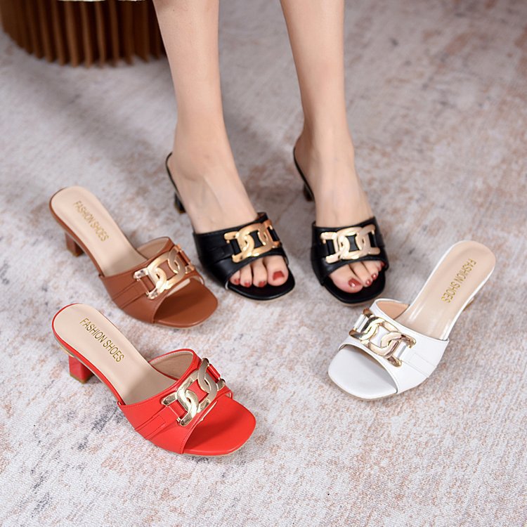 Sarah Express Metal Buckle Peep Toe Block Mules