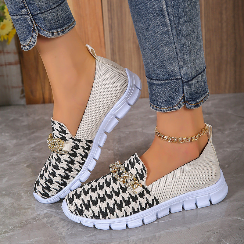 Sarah Express Houndstooth Chain Mesh Breathable Loafers Beige