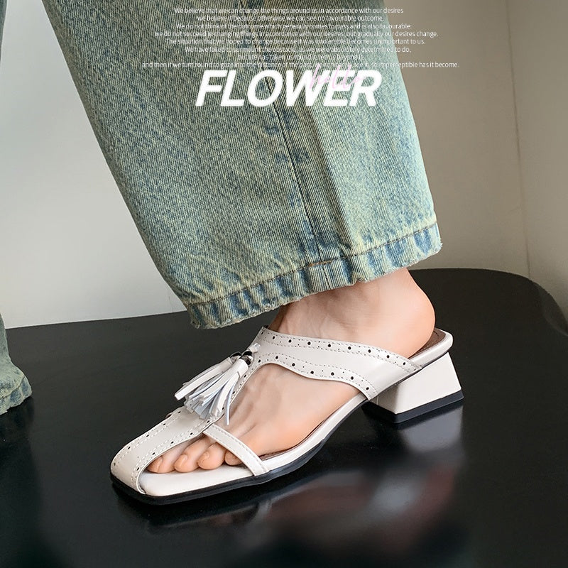 Sarah Express Women's Tassel Slide Sandals Block Heel Mules
