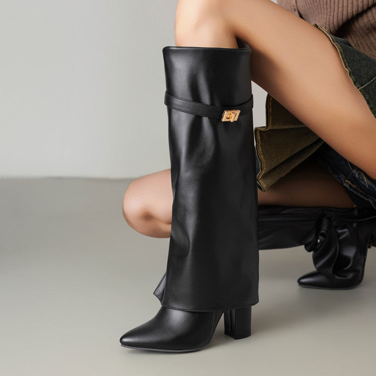 Sarah Express Pointed-Toe Chunky Heel Mid-Calf Boots