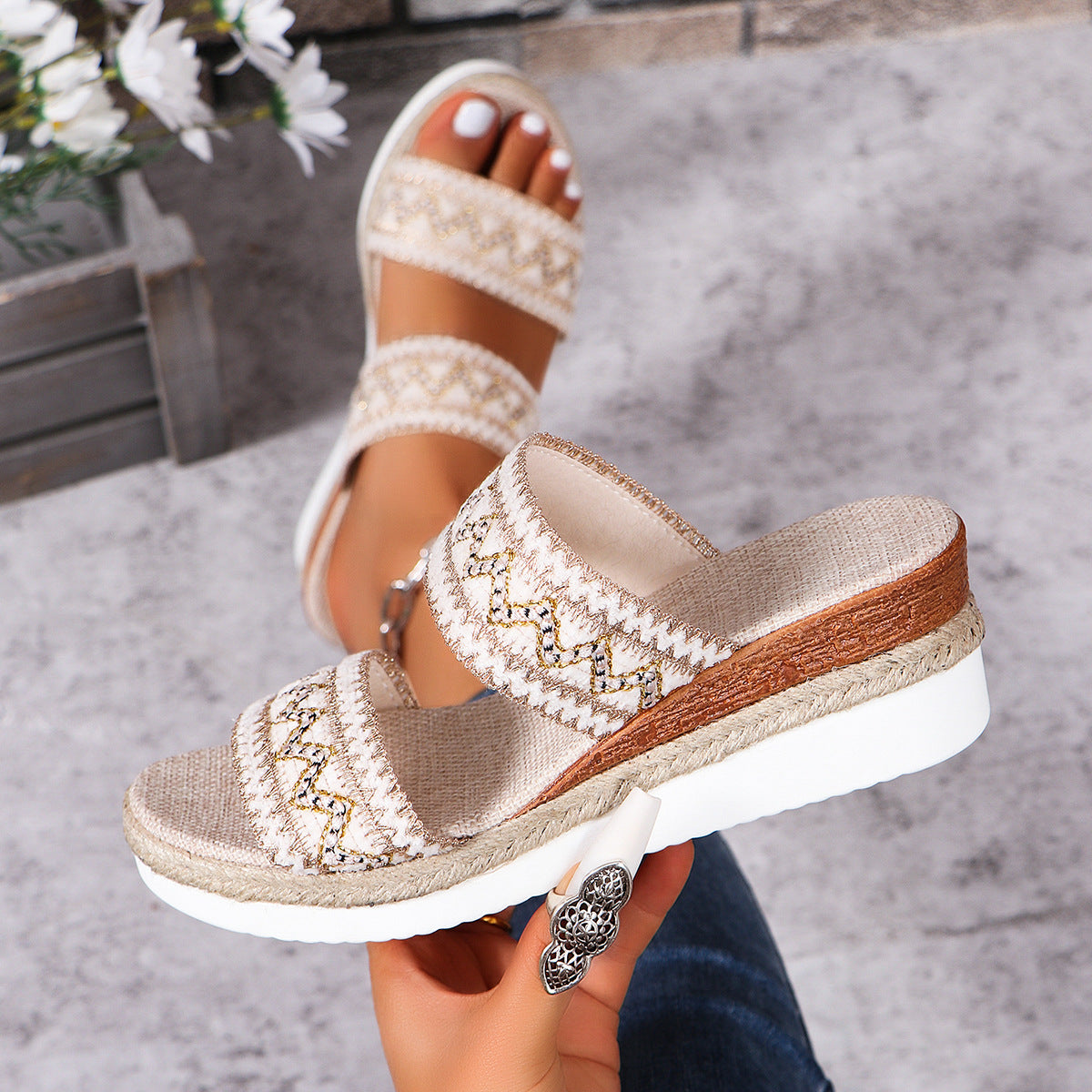 Sarah Express Wavy Woven Wedge Platform Sandals