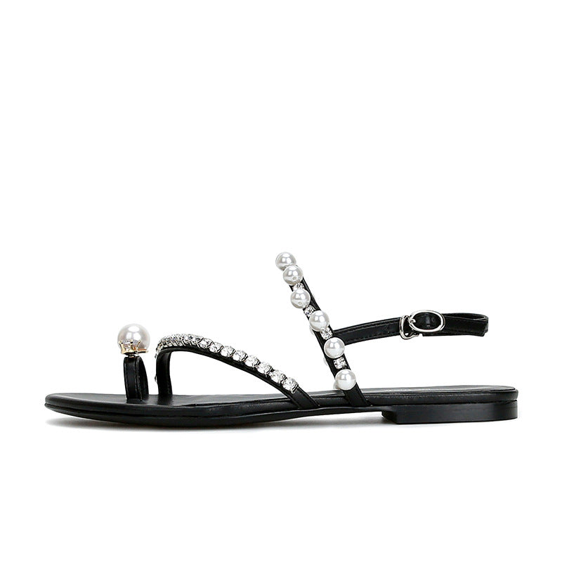 Sarah Express Rhinestone Pearl Embellished Flat Thong Sandals
