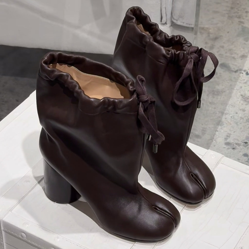 Sarah Express Split-Toe Mid-Calf Chunky Heel Boots