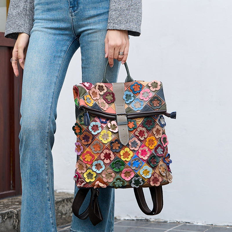 Sarah Express Artisan Patchwork Genuine Leather Crossbody Bag Flowers