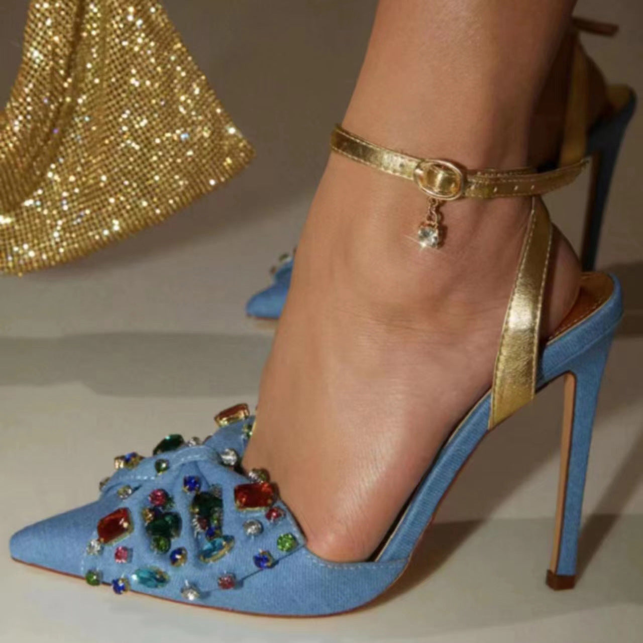 Sarah Express Denim Rhinestone Bow Pointed Toe Heels