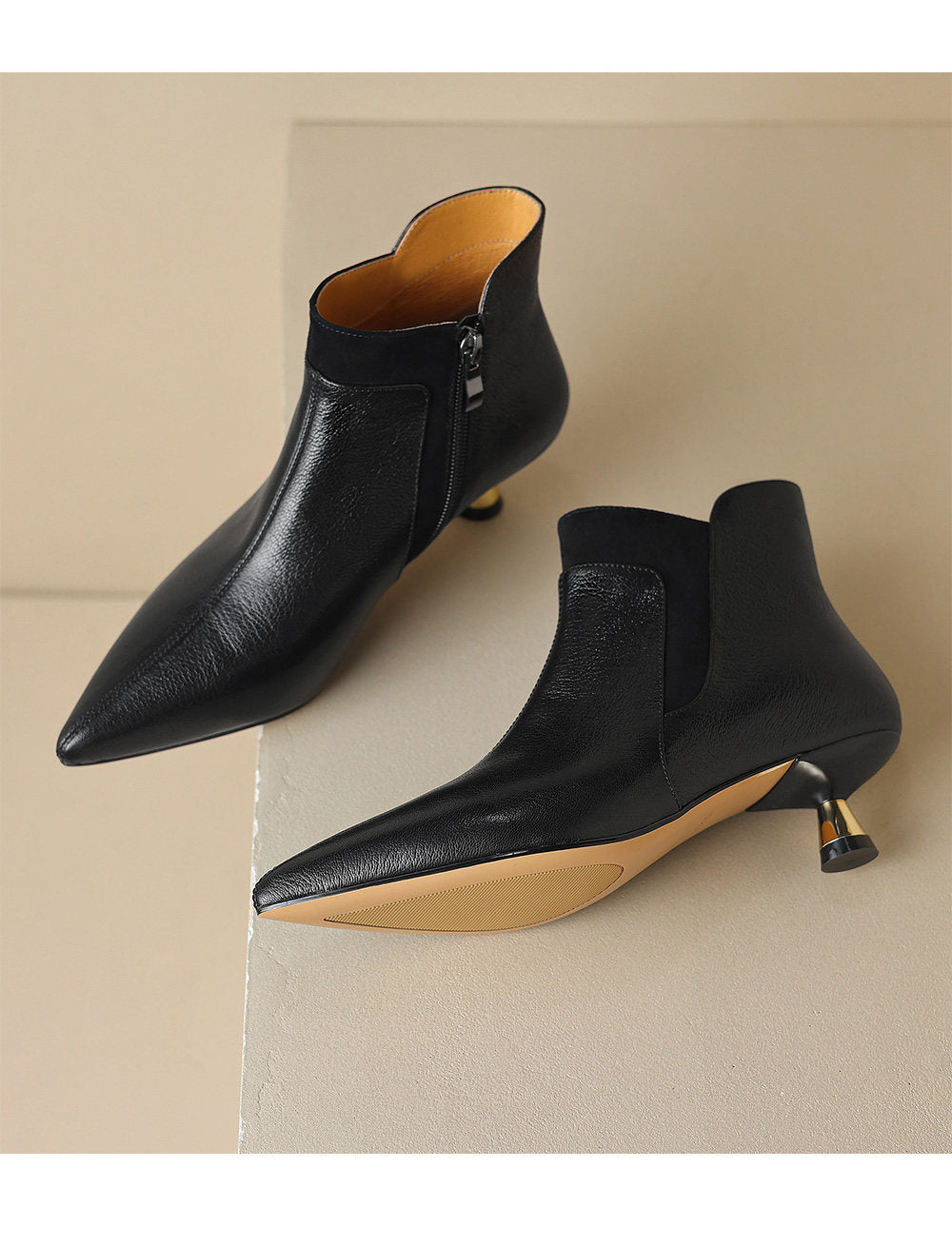 Sarah Express Genuine Leather Pointed-Toe Kitten Heel Boots