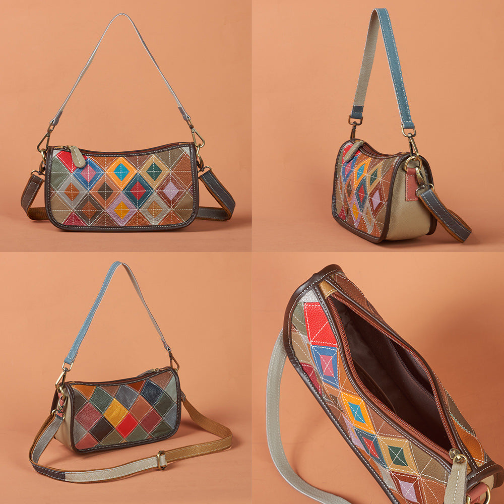 Sarah Express Vintage Patchwork Cowhide Leather Shoulder Bag