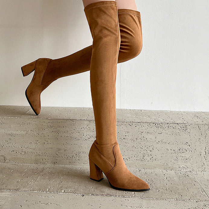 Sarah Express Suede Pointed Toe Chunky Heel Boots