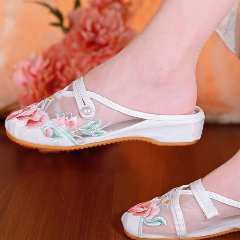 Sarah Express Embroidered Mesh Retro Low Heel Sandals