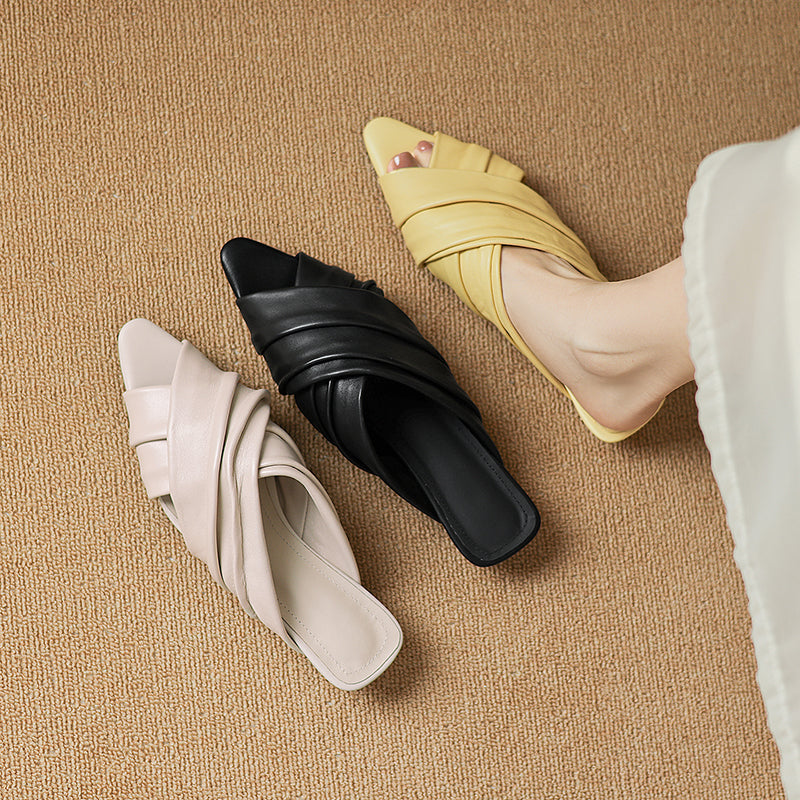 Sarah Express Ruched Lambskin Square Toe Slide Sandals