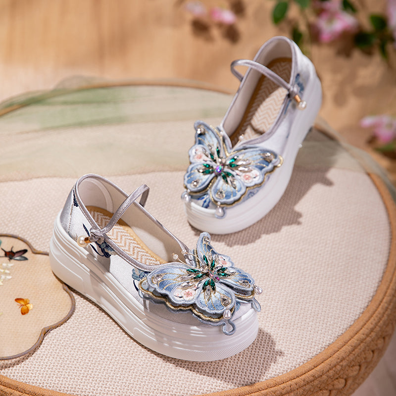 Sarah Express Embroidered Butterfly Platform Mary Jane Flats Blue