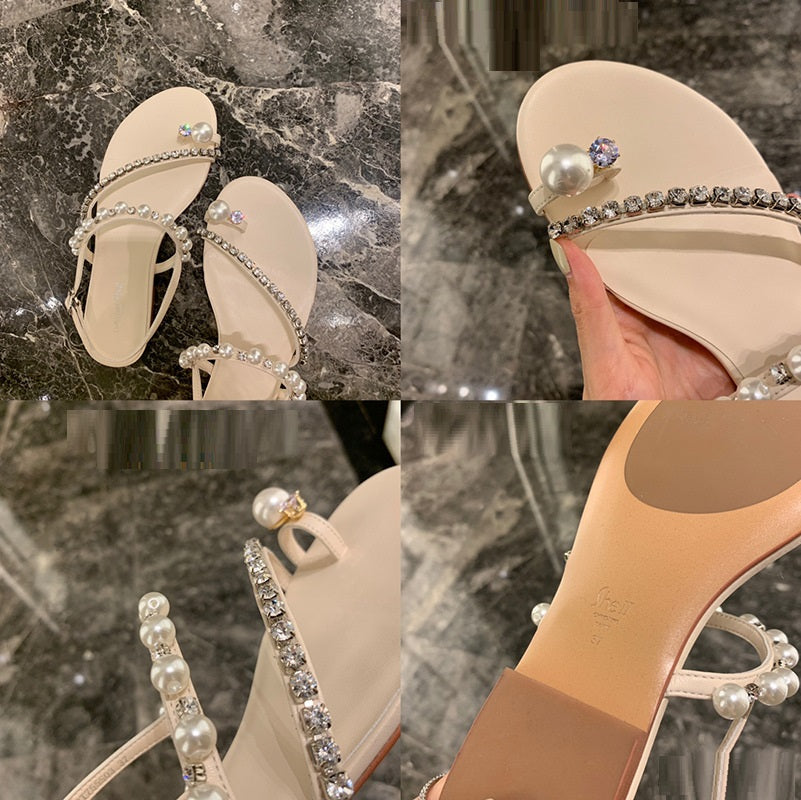 Sarah Express Rhinestone Pearl Embellished Flat Thong Sandals