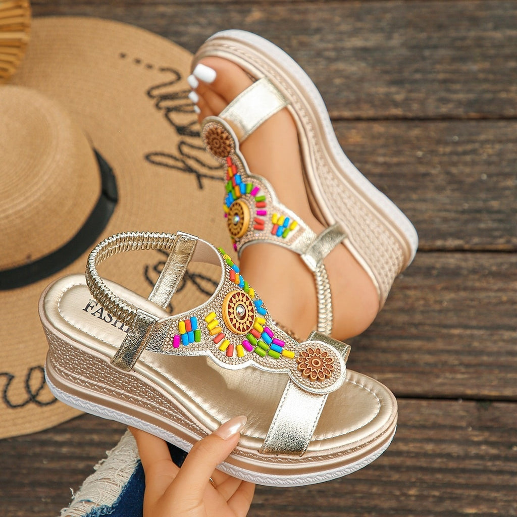 Sarah Express Beaded Wedge Sandals with Elastic Strap
