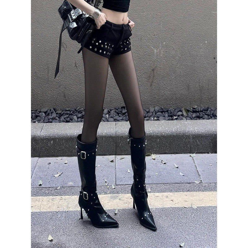 Sarah Express Belt-Buckle Rivet Slim Heel Long Boots