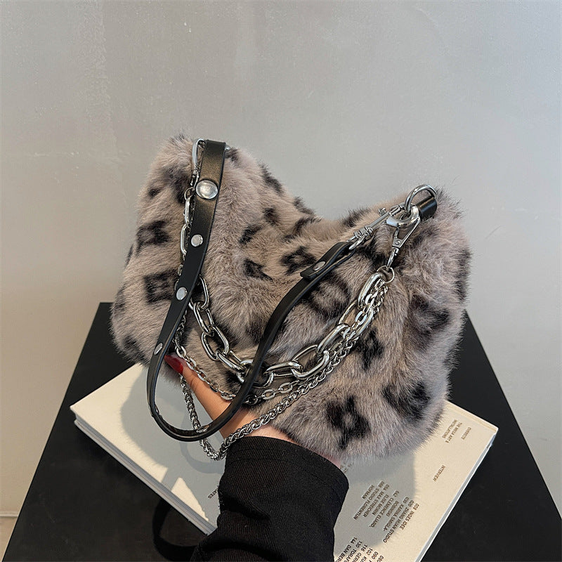 Sarah Express Leopard Print Plush Chain Shoulder Bag