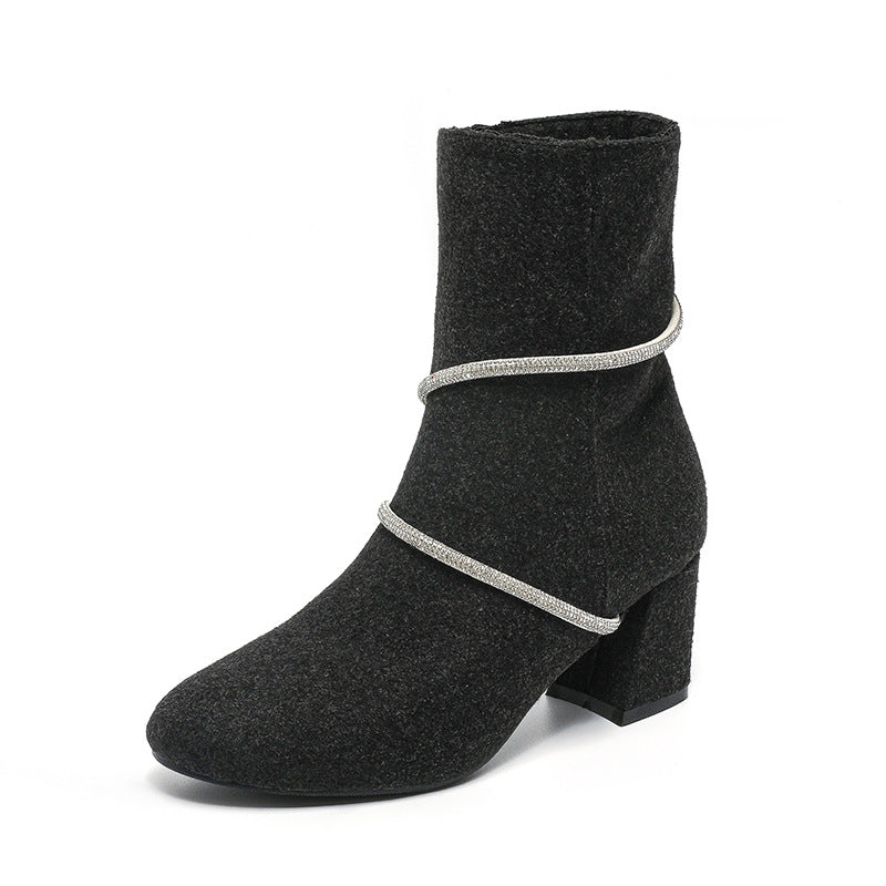 Sarah Express Chunky Mid Heel Rhinestone Chain Boots