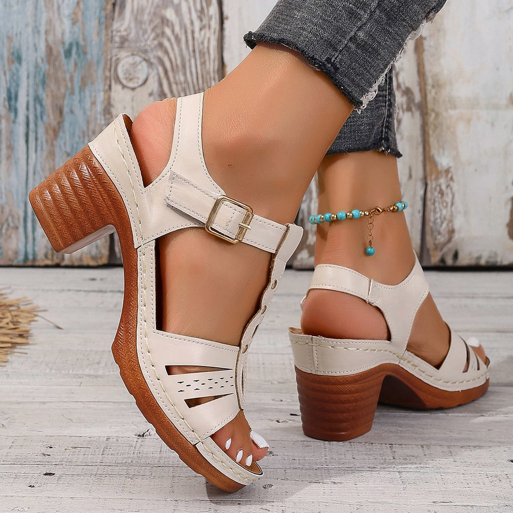 Sarah Express Strappy Buckle Round Toe High Heel Sandals
