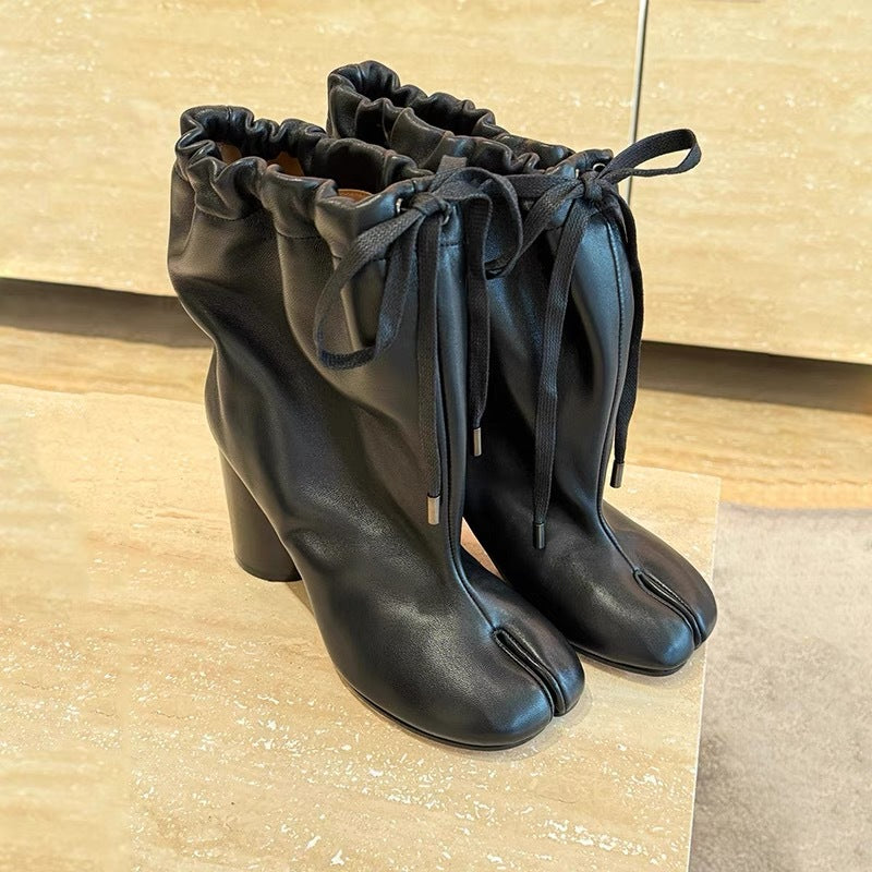 Sarah Express Split-Toe Mid-Calf Chunky Heel Boots Black