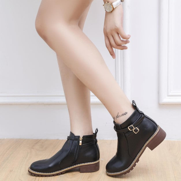 Sarah Express Women's Low Heel Buckle Ankle Boots Black