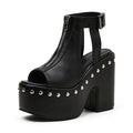Sarah Express Platform Rivet Front Zip Sandals Black