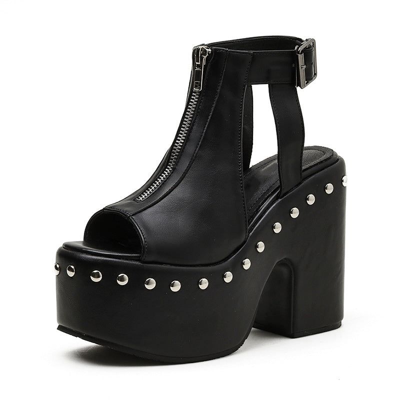 Sarah Express Platform Rivet Front Zip Sandals Black
