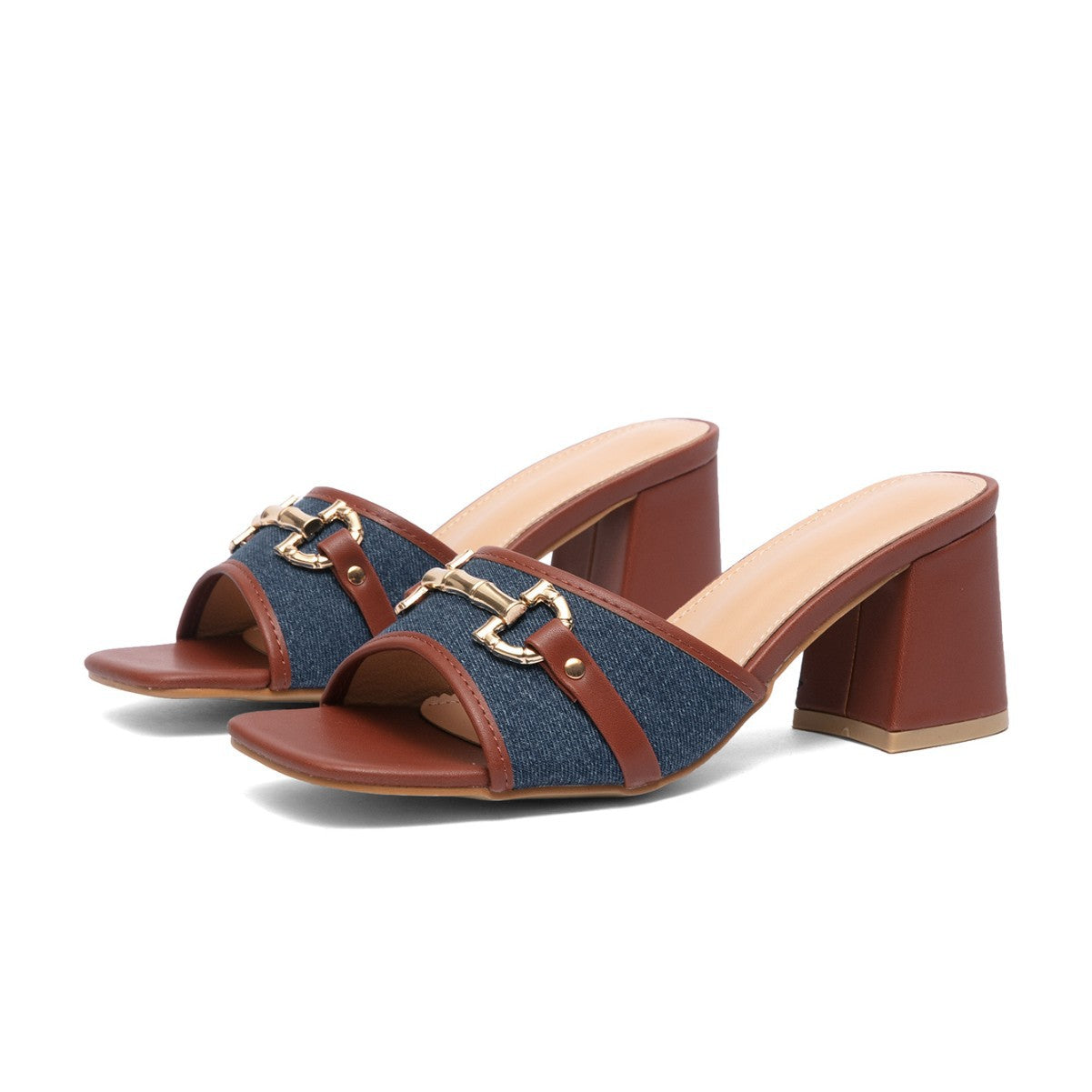 Sarah Express Women's Chunky Heel Square-Toe Slip-On Sandals