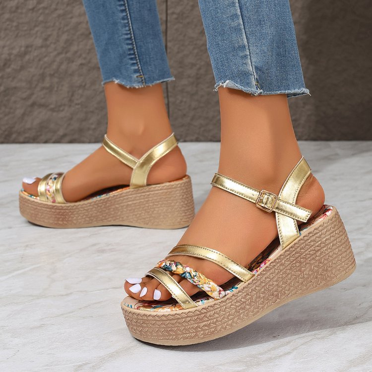Sarah Express Gold Roman Slip-On Platform Sandals