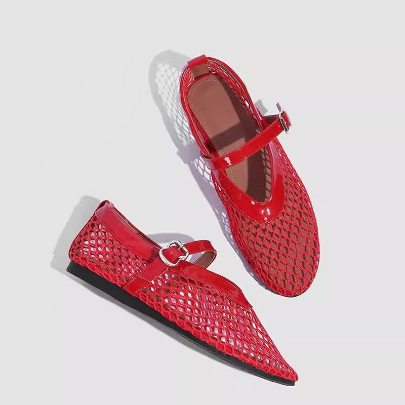 Sarah Express Breathable Mesh Hollow-Out Buckle Pumps Red
