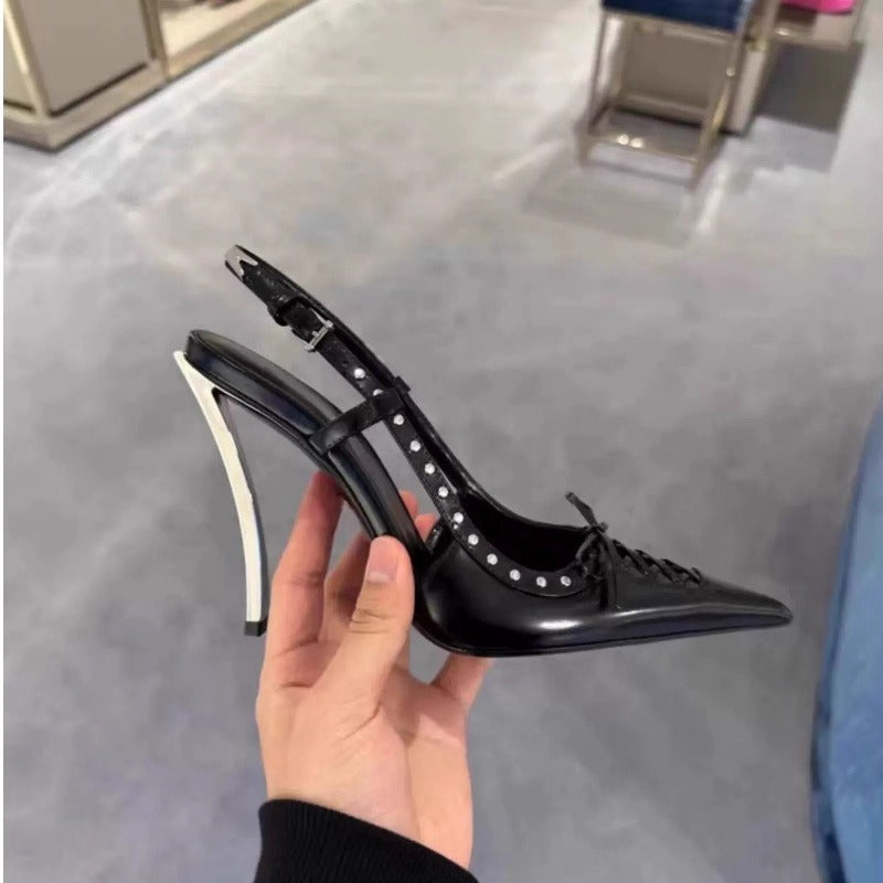 Sarah Express Pointed-Toe Stiletto Heels with Rivet Detail Black