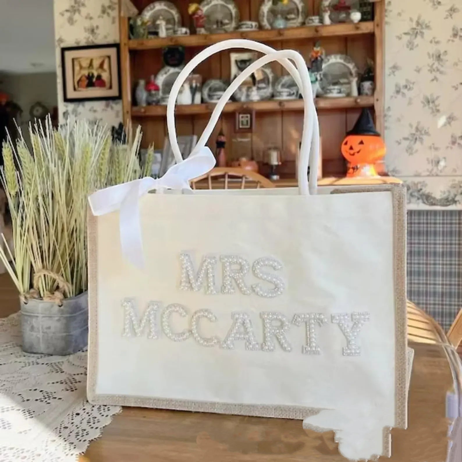 Sarah Express Custom Canvas Tote with Pearl Accents