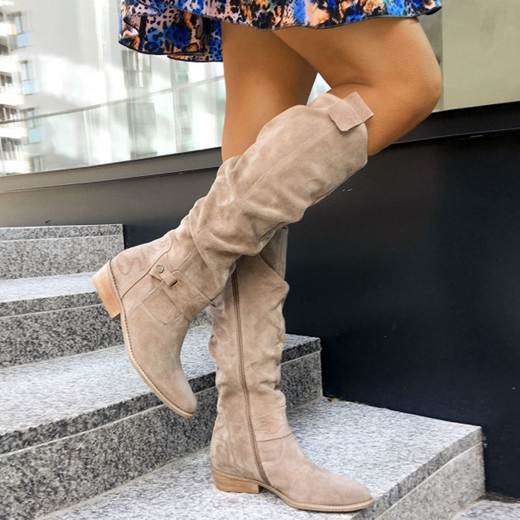 Sarah Express Suede Low Heel Side Zipper Boots
